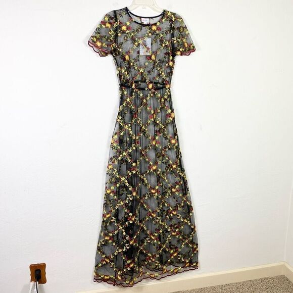 Lularoe DeAnne II Sheer Black Red Yellow Floral Embroidered Maxi Dress Size XS - Picture 1 of 7